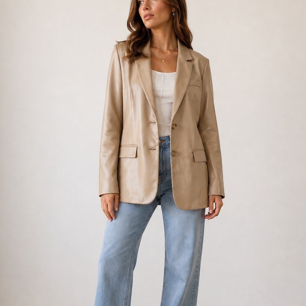 Joie Womens Tan Faux Leather Blazer Two Button Jacket Beige Small‎ Modern Chic